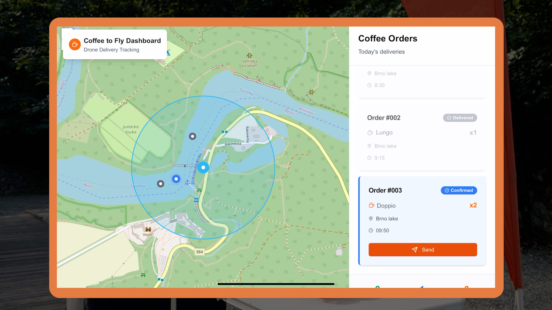 Dashboard showing confirmed drone in flight toward the drop point