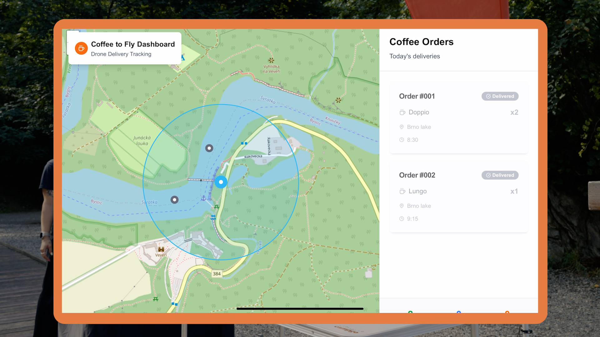 Dashboard showing delivered coffee orders on a map of Brno lake