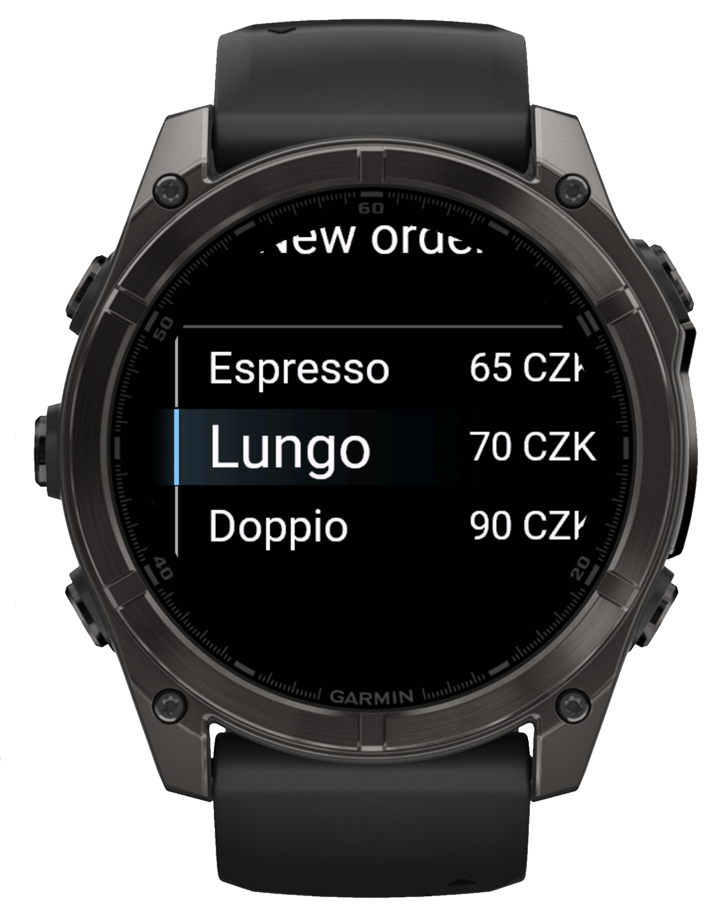 Smartwatch showing coffee ordering menu